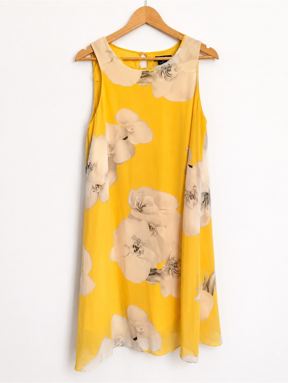 Suzy Shier Yellow Floral Chiffon Shift Dress | Size Large | Sleeveless Overlay